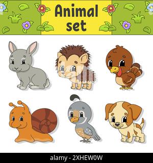 Set von Aufklebern mit niedlichen Comic-Figuren. Cliparts für Tiere. Von Hand gezeichnet. Bunte Packung. Vektorgrafik. Patch Badges Kollektion. Etikettendesign el Stock Vektor