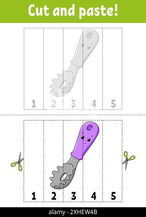Lernzahlen 1-5. Schneiden und kleben. Zeichentrickfigur. Arbeitsblatt zur Entwicklung von Schulungen. Spiel für Kinder. Aktivitätsseite. Farbe isoliert Vektor illustratio Stock Vektor