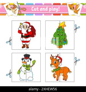 Schneiden und spielen. Flash-Karten. Farbpuzzle. Arbeitsblatt zur Entwicklung von Schulungen. Aktivitätsseite. Spiel für Kinder. Witziger Charakter. Isolierte Vektorgrafik Stock Vektor