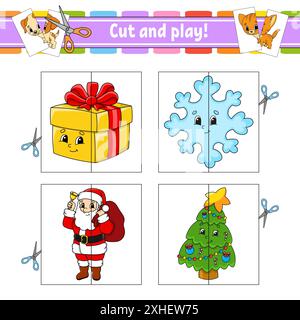 Schneiden und spielen. Flash-Karten. Farbpuzzle. Arbeitsblatt zur Entwicklung von Schulungen. Aktivitätsseite. Spiel für Kinder. Witziger Charakter. Isolierte Vektorgrafik Stock Vektor