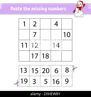 Fügen Sie die fehlenden Zahlen 1-20 ein. Spiel für Kinder. Handschrifterpraxis. Lernnummern für Kinder. Arbeitsblatt zur Entwicklung von Schulungen. Aktivitätsseite. Iso Stock Vektor