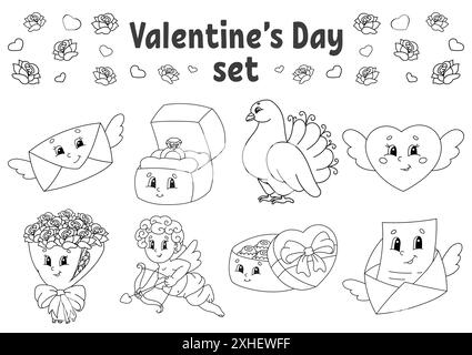 Bild für Kinder. Valentinstag Cliparts. Fröhliche Charaktere. Vektorgrafik. Niedlicher Cartoon-Stil. Schwarze Kontur Silhouette. Isoliert auf w Stock Vektor