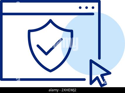 Webseite, Schirm und Häkchen und klicken Sie auf. Sicherer Internetzugang, verifizierte und sichere Maßnahmen. Pixelperfektes, bearbeitbares Konturvektorsymbol Stock Vektor