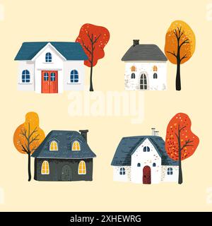 Das Hotel besteht aus einem magischen Haus mit einem gekachelten Dach in einem einfachen minimalistischen Stil, roten Blättern auf einem Baum vor gelbem Hintergrund. Postkarte und Poster. Verpackungspapier und Textilien Stock Vektor