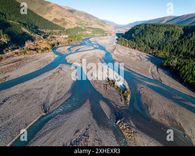 Luftaufnahme des Wairau River im Wairau Valley, Malborough, Neuseeland Stockfoto