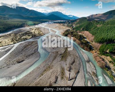 Luftaufnahme des Wairau River im Wairau Valley, Malborough, Neuseeland Stockfoto