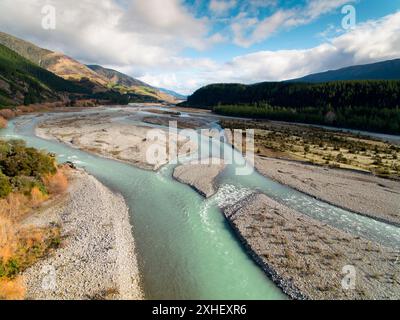 Luftaufnahme des Wairau River im Wairau Valley, Malborough, Neuseeland Stockfoto