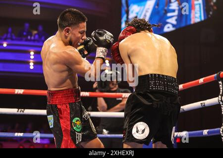 13. Juli 2024: (L-R) Albert Gonzalez schlägt Conrado Martinez während seines Junior Lightweight Kampfes im Pearl Concert Theater im Palms Casino Resort in Las Vegas am 13. Juli 2024 in Las Vegas, NV. Christopher Trim/CSM. Stockfoto