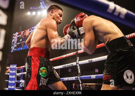 13. Juli 2024: (L-R) Albert Gonzalez schlägt Conrado Martinez während seines Junior Lightweight Kampfes im Pearl Concert Theater im Palms Casino Resort in Las Vegas am 13. Juli 2024 in Las Vegas, NV. Christopher Trim/CSM. Stockfoto