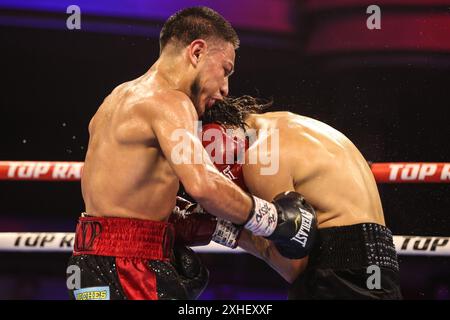 13. Juli 2024: (L-R) Albert Gonzalez schlägt Conrado Martinez während seines Junior Lightweight Kampfes im Pearl Concert Theater im Palms Casino Resort in Las Vegas am 13. Juli 2024 in Las Vegas, NV. Christopher Trim/CSM. Stockfoto