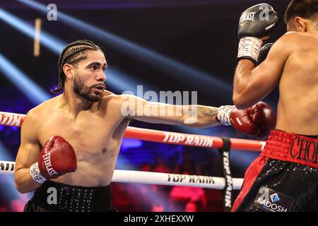 13. Juli 2024: (L-R) Conrado Martinez schlägt Albert Gonzalez während seines Junior Lightweight Kampfes im Pearl Concert Theater im Palms Casino Resort in Las Vegas am 13. Juli 2024 in Las Vegas, NV. Christopher Trim/CSM. Stockfoto