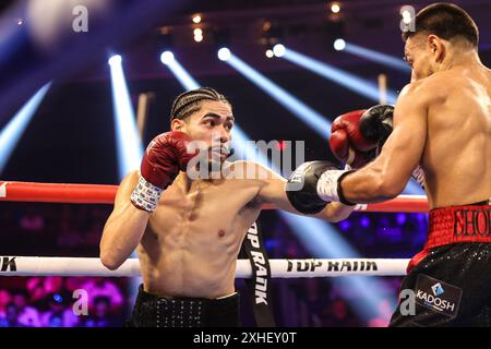 13. Juli 2024: (L-R) Conrado Martinez schlägt Albert Gonzalez während seines Junior Lightweight Kampfes im Pearl Concert Theater im Palms Casino Resort in Las Vegas am 13. Juli 2024 in Las Vegas, NV. Christopher Trim/CSM. Stockfoto