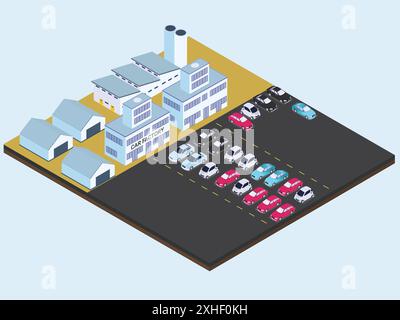 Autowerkgebäude und neue Autos in Reihen am Parkplatz. Isometrisches Vektorkonzept Stock Vektor