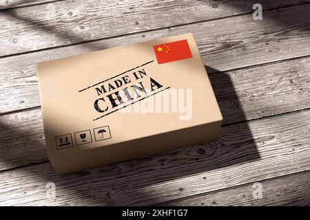 Karton mit dem Stempel Made in china auf Holzboden. Konzept des Versands und der Lieferung aus China. Chinesische Produkte. 3D-Rendering. Stockfoto