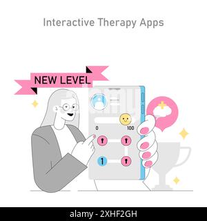 Gamification im Therapiekonzept. Ein Therapeut interagiert mit einer Therapie-App und erreicht neue Fortschritte. Therapeutische Engagements. Vektorabbildung. Stock Vektor