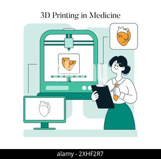 Innovationskonzept im Gesundheitswesen. Ein Wissenschaftler optimiert den 3D-Druck für medizinische Zwecke, ein technologischer Sprung zur Unterstützung der Patientenversorgung. Forschung und Entwicklung im Gesundheitswesen. Vektorabbildung. Stock Vektor