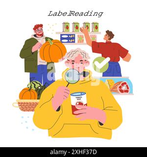 Low Histamine Diät Konzept. Personen mit Lupe, die Lebensmitteletiketten im Lebensmittelgeschäft für Ernährungsbedürfnisse lesen. Vektorabbildung. Stock Vektor