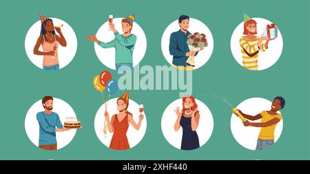 Geburtstagsfeier Party Gäste Avatare Farbe Vektor Icon Set. Glückliche Menschen bei Feiertagsveranstaltung Illustration Pack auf grünem Hintergrund Stock Vektor