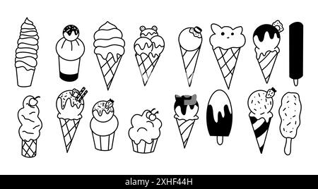 Leckere Eiscremes Kritzellinie Vektor-Symbole bündeln auf weißem Hintergrund. Erfrischendes Dessert-Sortiment handgezeichnete monochrome Illustrationen Stock Vektor