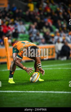 Melbourne, Australien. Juli 2024. Filipo Daugunu aus Australien wurde während des Spiels Wallabies (Australien) gegen Wales International Rugby Union im Melbourne Rectangular Stadium gesehen. Endpunktzahl: Australien 36:28 Wales. Quelle: SOPA Images Limited/Alamy Live News Stockfoto