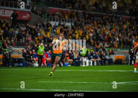 Melbourne, Australien. Juli 2024. Filipo Daugunu aus Australien wurde während des Spiels Wallabies (Australien) gegen Wales International Rugby Union im Melbourne Rectangular Stadium gesehen. Endpunktzahl: Australien 36:28 Wales. Quelle: SOPA Images Limited/Alamy Live News Stockfoto