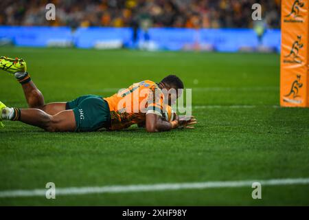 Melbourne, Australien. Juli 2024. Filipo Daugunu aus Australien wurde während des Spiels Wallabies (Australien) gegen Wales International Rugby Union im Melbourne Rectangular Stadium gesehen. Endpunktzahl: Australien 36:28 Wales. Quelle: SOPA Images Limited/Alamy Live News Stockfoto