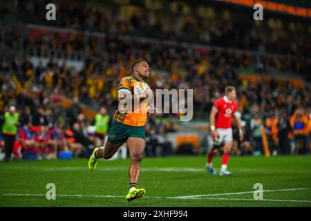 Melbourne, Australien. Juli 2024. Filipo Daugunu aus Australien wurde während des Spiels Wallabies (Australien) gegen Wales International Rugby Union im Melbourne Rectangular Stadium gesehen. Endpunktzahl: Australien 36:28 Wales. Quelle: SOPA Images Limited/Alamy Live News Stockfoto