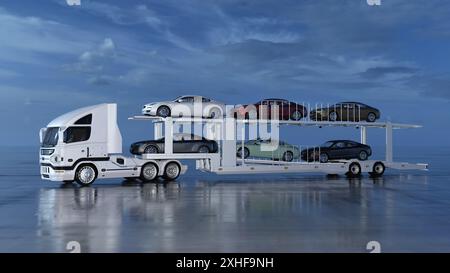 Ein Autotransporter, beladen mit sechs Mittelklasse-Autos mit elektrischem Antrieb unter einem dynamischen, bewölkten Himmel Stockfoto