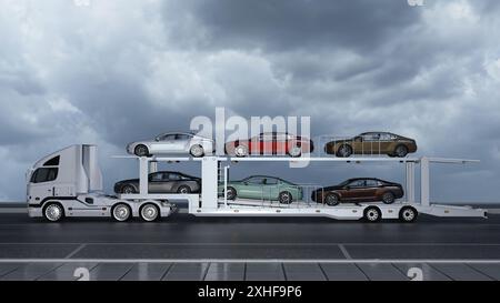 Ein Autotransporter, beladen mit sechs Mittelklasse-Autos mit elektrischem Antrieb unter einem dynamischen, bewölkten Himmel Stockfoto