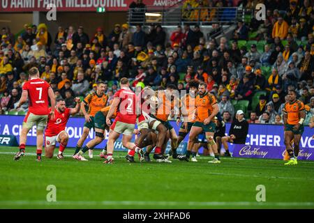 Melbourne, Australien. Juli 2024. Taniela Tupou (C) wurde während des Spiels Wallabies (Australien) gegen Wales International Rugby Union im Melbourne Rectangular Stadium gesehen. Endpunktzahl: Australien 36:28 Wales. (Foto: Alexander Bogatyrev/SOPA Images/SIPA USA) Credit: SIPA USA/Alamy Live News Stockfoto