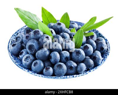 Frische Heidelbeeren und Blätter isoliert auf weißem Hintergrund Stockfoto