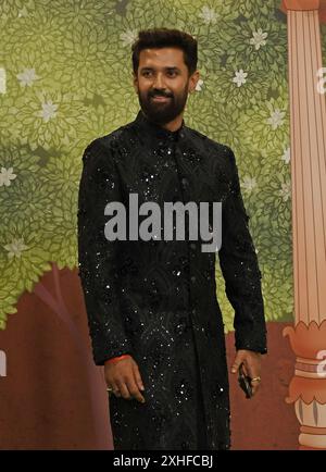 Mumbai, Indien. Juli 2024. Mitglied von Lok Sabha Chirag Paswan posiert für ein Foto auf dem roten Teppich während der Segnungszeremonie des frisch verheirateten Paares Anant Ambani und Radhika Merchant in Mumbai. Quelle: SOPA Images Limited/Alamy Live News Stockfoto