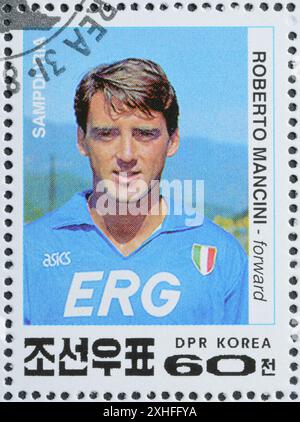 Von Nordkorea gedruckte Briefmarke, auf der Roberto Mancini, Stürmer, Gewinner der italienischen Fußballmeisterschaft 1990-1991, ca. 19, dargestellt ist Stockfoto