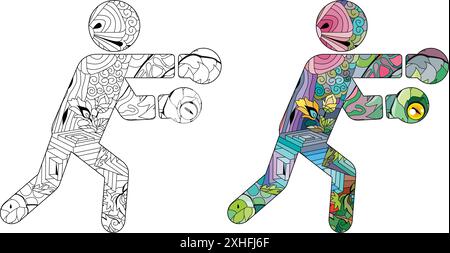 Handgemalte Kunst. Handgezeichnete Illustration Boxing Icon zum Färben, für T-Shirt und andere Dekoration. Farbe und Kontur festgelegt Stock Vektor