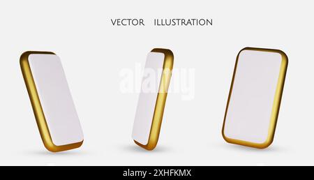 Set aus Gold verschiedene Winkel des Smartphones in 3D-Rendering mit Bildschirm, isoliertem weißen Hintergrund, Vektorillustration Stock Vektor