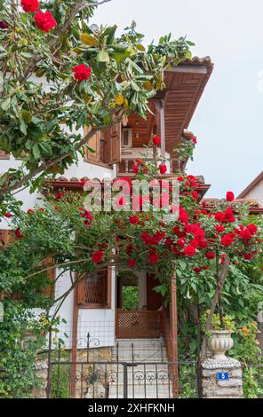Typisch türkische Architektur eines mit roten Rosen verschlungenen Hauses in der kleinen Stadt Akyaka. Stockfoto