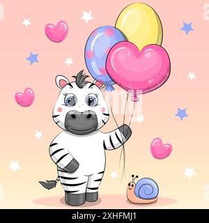 Niedliches Karikaturzebra mit Ballons und Schnecke. Vektor-Illustration eines Tieres auf einem rosa Hintergrund mit Herzen und Sternen. Stock Vektor