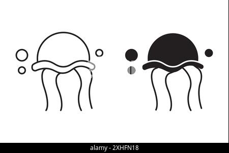 Quallen-Ikone Schwarze Linie Kunstvektor in schwarz-weiß Umriss Set Sammlung Zeichen Stock Vektor