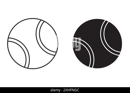 Tennisball-Ikone Schwarzer Linie Kunstvektor in schwarz-weiß Umrissset Collection-Schild Stock Vektor