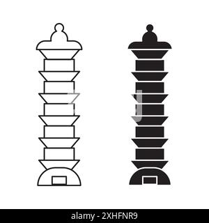 Porzellanturm von Nanjing Icon Vektor Symbol oder Schild Set Sammlung in schwarz-weiß Umriss Stock Vektor