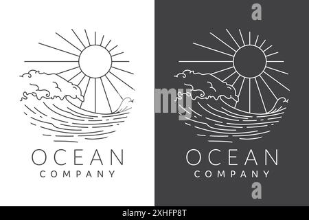 Ocean Waves Line Art Logo mit strahlender Sonne in der Mitte Stock Vektor