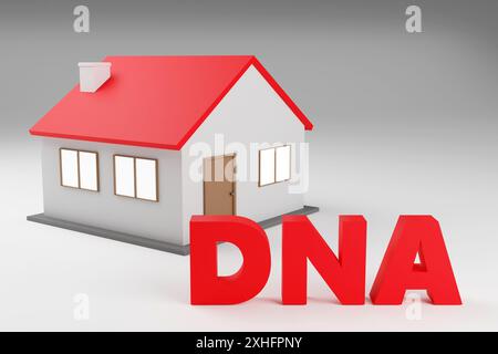 Luxuriöse rote Inschrift DNA auf grauem Podium, weiches Licht, glatter Hintergrund, 3D-Rendering-Illustration Stockfoto