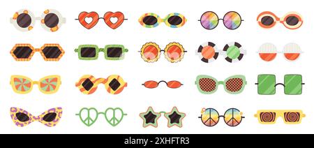 Grooviges Set mit Cartoon-Sonnenbrillen. Lustige Retro-Brille mit Rahmen aus Blumen und Herzen, psychedelischen Regenbogen und Sternen, runden und quadratischen Formen. Boho Outfit Kollektion der 70er 80 Jahre Stil Vektor Illustration Stock Vektor