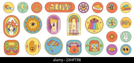 Groovige Cartoon psychedelische Aufkleber Set. Lustige Retro-Hippie-Zeichen und guter Vibe-Text, trippige funky Elemente und verrückte Emoji-Flecken mit geometrischen Formen in 60er 70er Jahre Stil Vektor-Illustration Stock Vektor