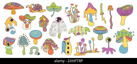 Grooviges Cartoon psychedelische Pilze Set. Lustige surreale Pilze im Retro-Stil mit Augen und Magie, die Amanita, Schnecke und Wurm schmelzen. Bunte Regenbogenaufkleber-Sammlung der 70er Jahre 80er Jahre Stil Vektor-Illustration Stock Vektor