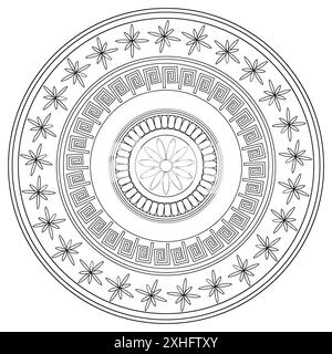 Schwarz-weißes Mandala auf transparentem Hintergrund. Rundes Designmuster auf transparentem Hintergrund. Mandala im ägyptischen Stil. Mandala mit einer Blume Stockfoto