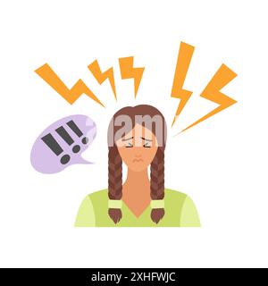 Unglückliches Mädchen mit Fragezeichen und Blitzschlägen über Kopf-Vektor-Illustration Stock Vektor