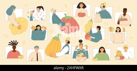 Erntefest auf der Farm. Leute mit Kürbissen Set. Herbstreifes Gemüse und Charaktere. Vektorabbildung. Stock Vektor