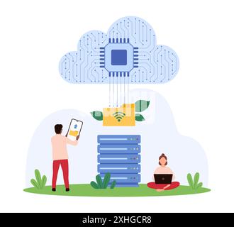 Cloud-Datenspeicher, Online-Verbindung für Dateiübertragung, Freigabe. Winziger Mann, der ein Handy mit einer mobilen App hält, um eine Verbindung zur Datenbank herzustellen, Ordner hochzuladen, zu sichern oder zu archivieren Stock Vektor