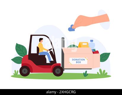 Wohltätigkeitsorganisation, Bereitstellung humanitärer Hilfe und Einholung von Spenden von Freiwilligen. Winziger Mann, der eine Kiste mit Lebensmitteln für arme Menschen auf dem Gabelstapler trägt, große menschliche Hand, die Herz-Cartoon-Vektor-Illustration gibt Stock Vektor